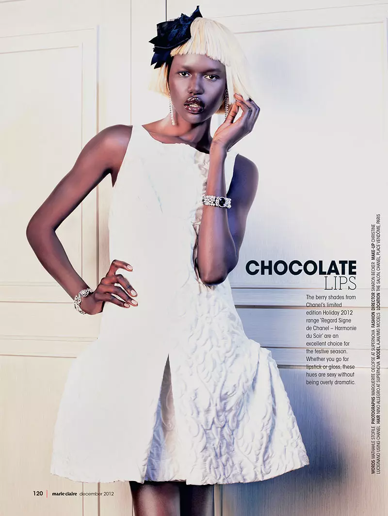 Ajak Deng Dons Chanel Beauty pentru Marie Claire, Africa de Sud, numărul din decembrie