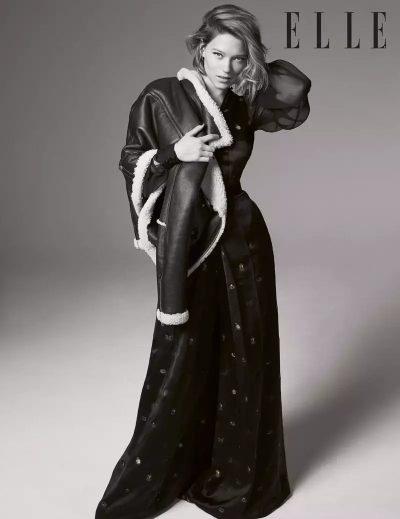 Si Lea Seydoux nag-modelo og leather jacket ug long-sleeve gown