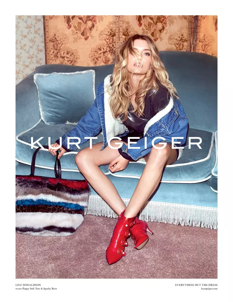 Mae Lily Donaldson yn modelu esgidiau coch yn ymgyrch hydref-gaeaf Kurt Geiger 2017