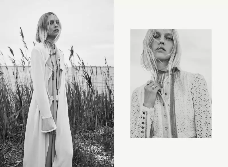 Sasha Pivovarova posearret yn swart en wyt en modelleart Zara's hjerstkolleksje fan 2020.