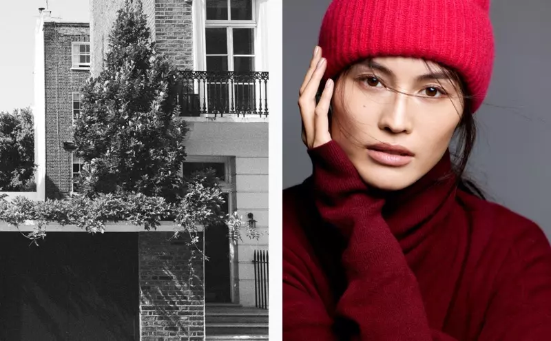 Si Sui He ay nagsusuot ng H&M rib-knit cashmere hat at turtleneck sweater