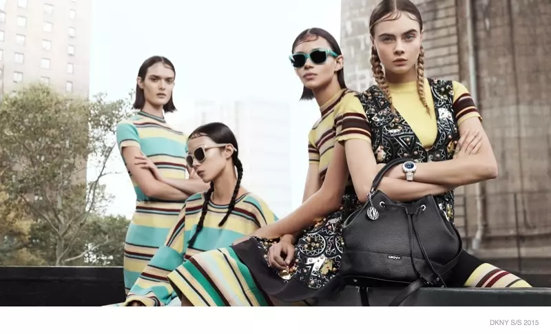 Cara Delevingne leiðir vorherferð DKNY 2015 með fléttum og röndum