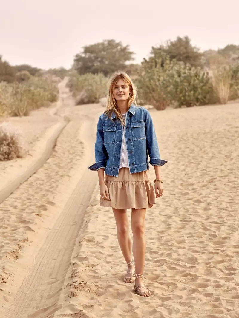 Madewell Northward Cropped Army Jacket, Striped Tank Top, Khaki Ruffle-Hem Skirt and Boardwalk Lace-Up Sandal