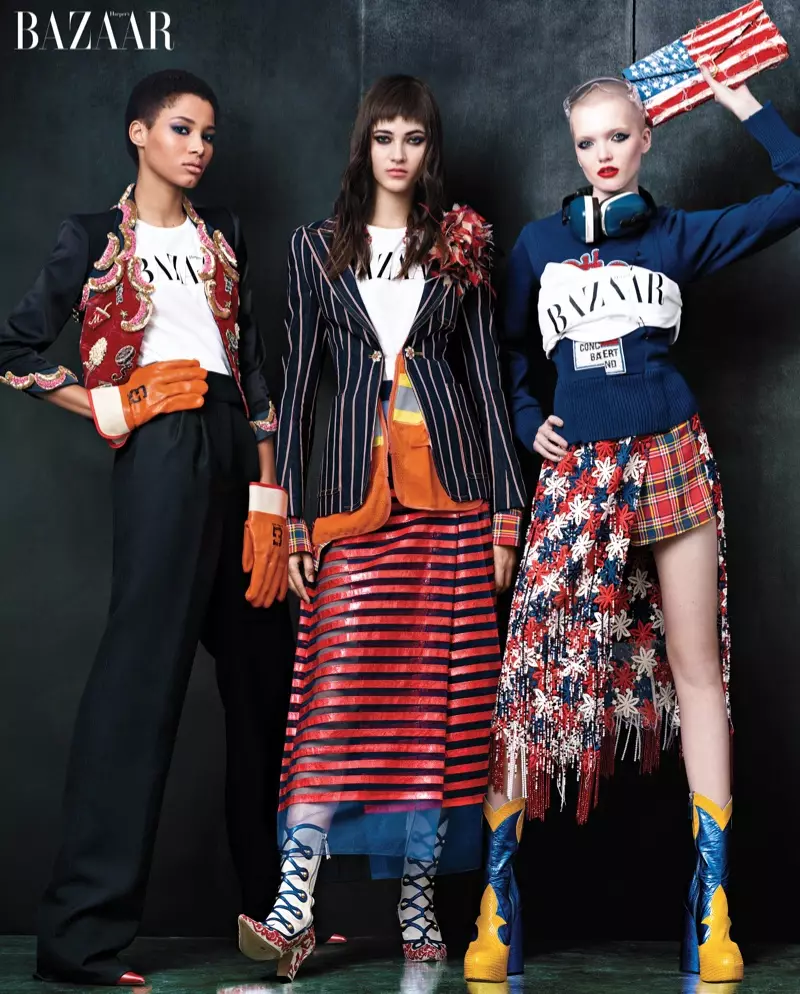 Lineisy Montero, Greta Varlesse ແລະ Ruth Bell pose ໃນ Marc Jacobs ເບິ່ງ