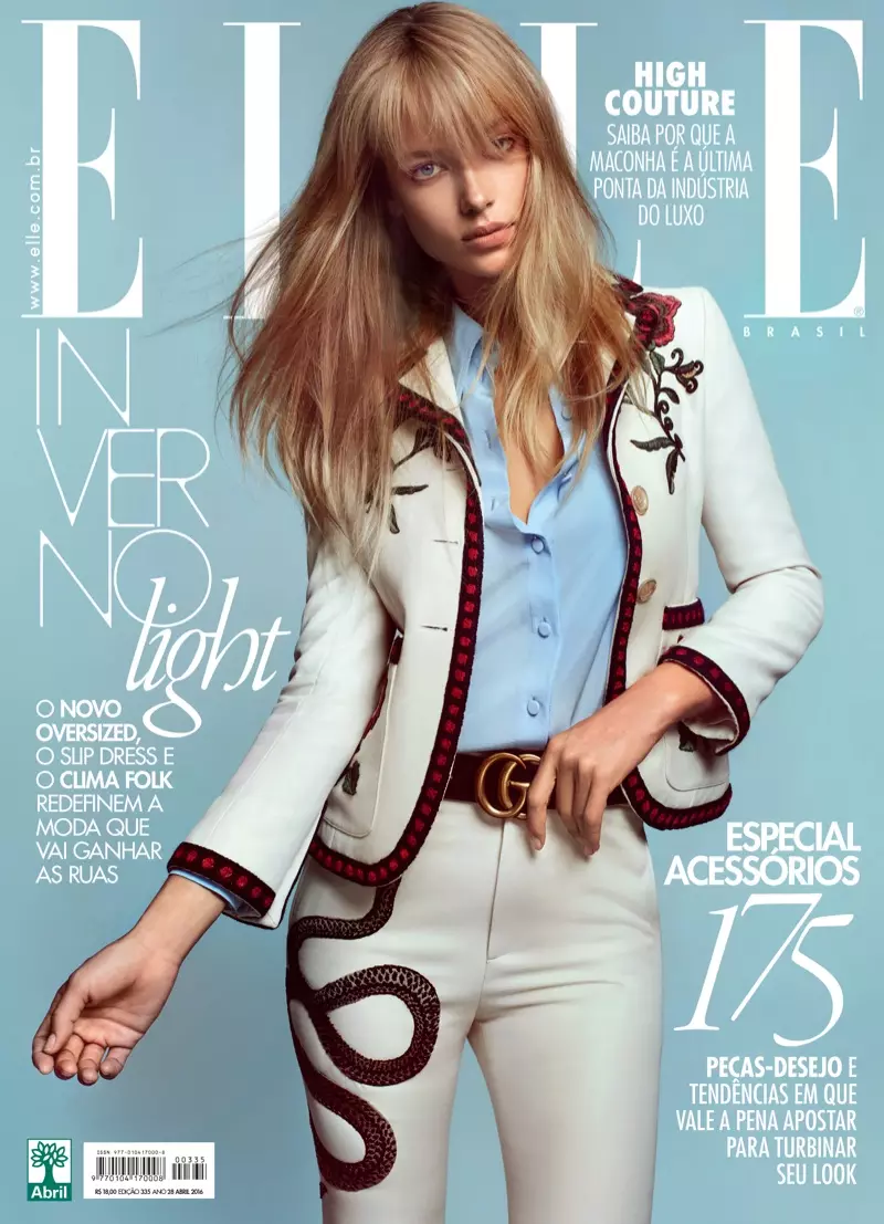 Hannah Ferguson draagt een Gucci-broekpak op ELLE Brazilië april 2016 Cover