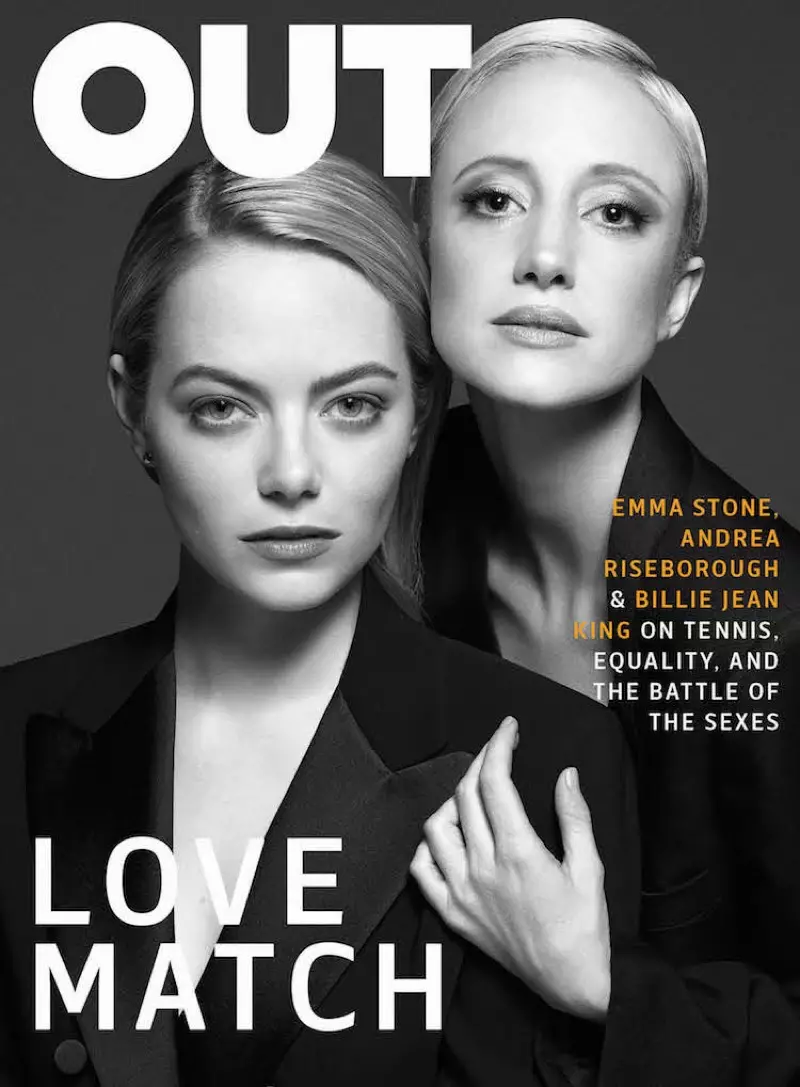 Emma Stone ir Andrea Riseborough žurnalo OUT 2017 m. rugpjūčio mėn. viršelyje