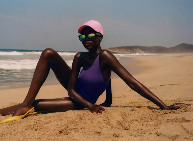 Zara Asymmetric Cut Out Swimsuit, Contrast Temple Sunglasses, Basic Cap, and Heeled Slingbacks.