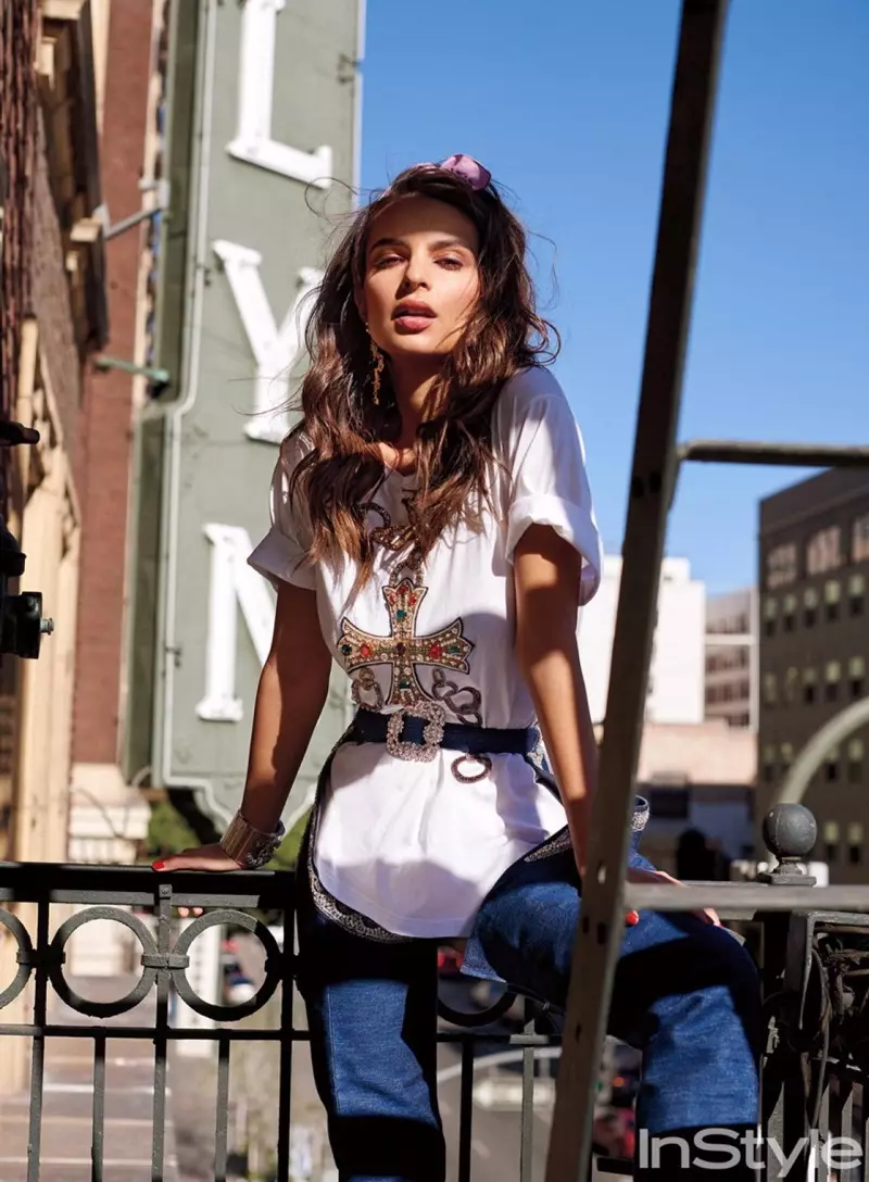 Emily Ratajkowski model Dolce & Gabbana embellished t-shirts and earrings with Rihanna x Manolo Blahnk denim chaps boots