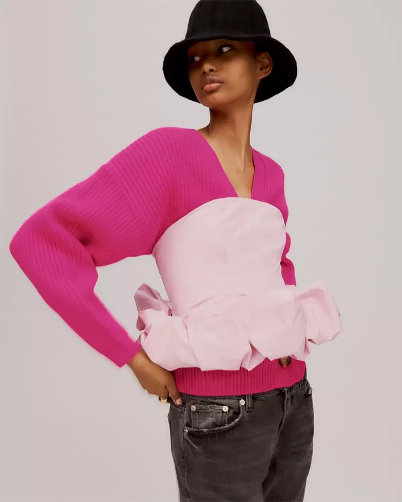 බොත්තම් සහිත Zara Knit ජැකට්, Bucket Hat සහ Corset Top