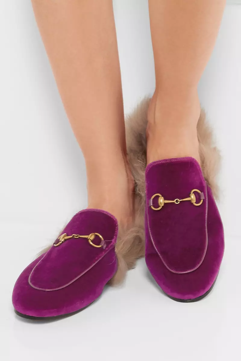 Gucci Horsebit Detailed Shearling Lined Velvet Slippers