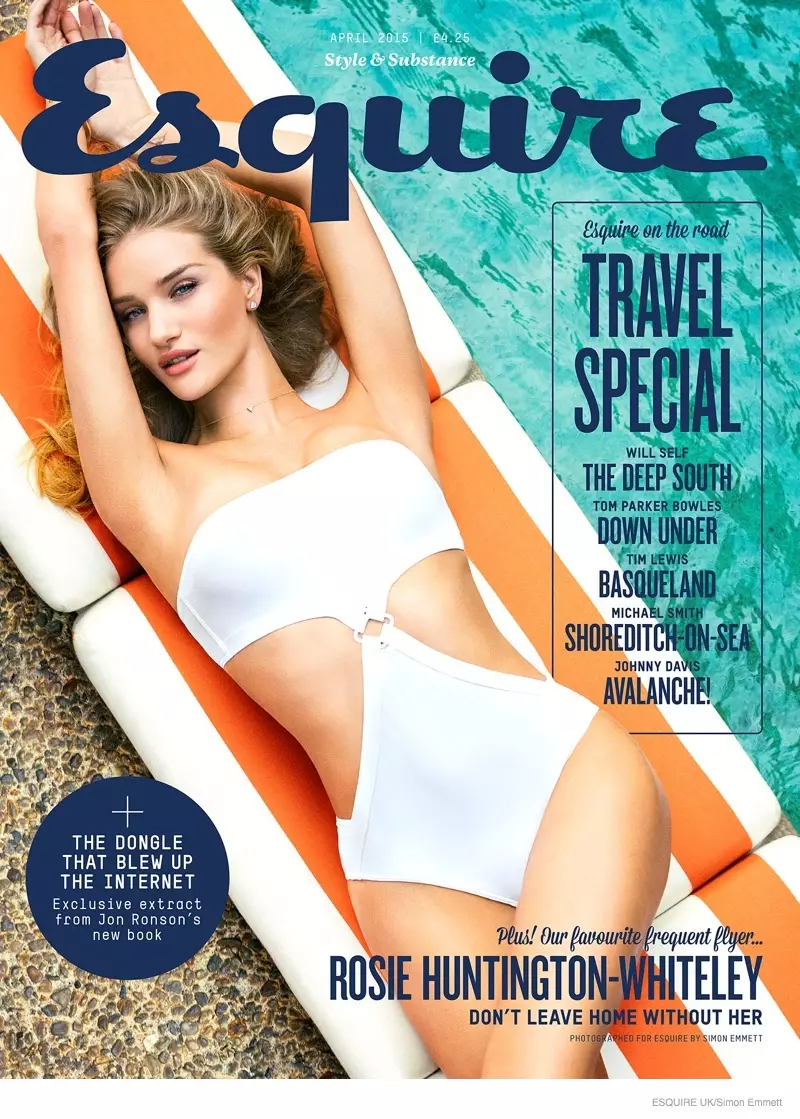 Rosie Huntington-Whiteley landt de dekking fan april 2015 fan Esquire UK mei in wyt swimpak.