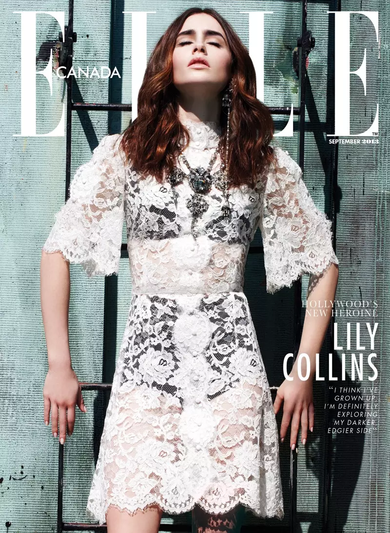 Lily Collins skinner i Elle Canadas forsidehistorie fra september 2013