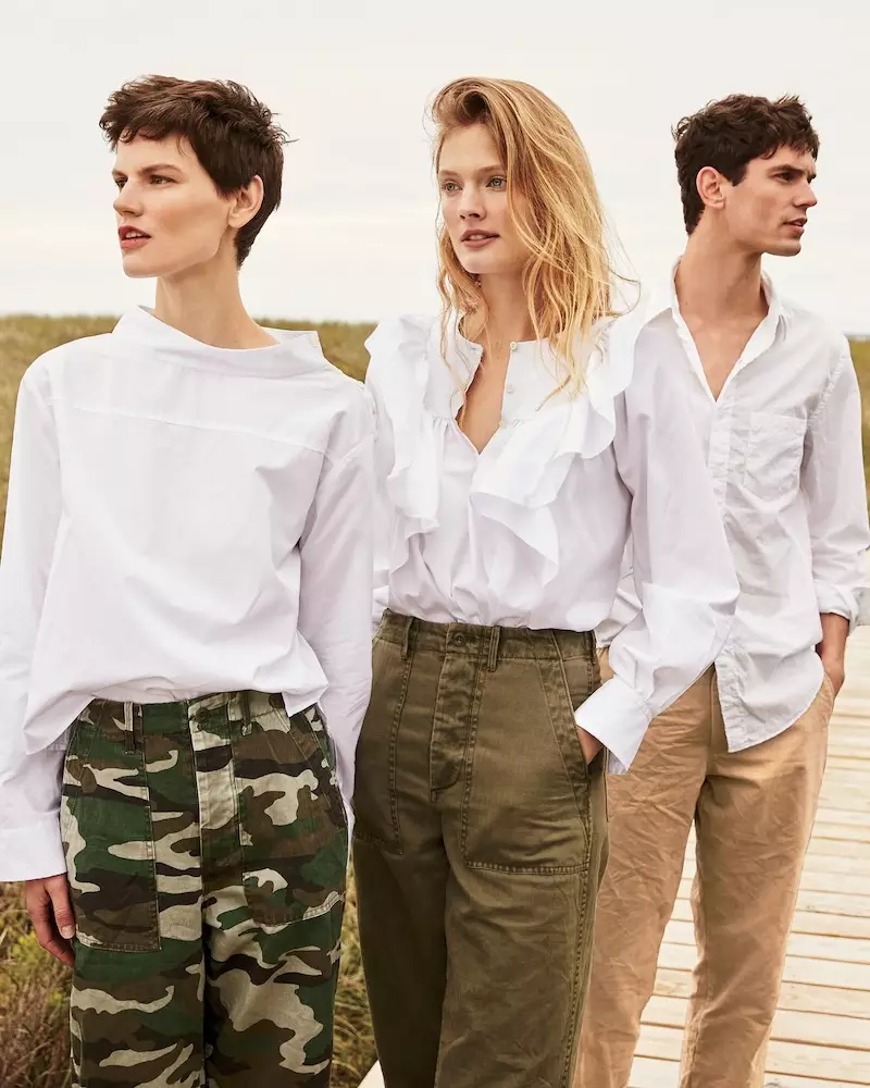 (Çep) J. Crew Funnelneck Shirt and Camouflage Foundry Pant (Rast) J. Crew Ruffle-Front White Shirt and The 2011 Foundry Pant