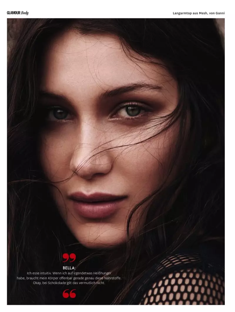 Faigheann Bella Hadid cuma dhúchasach uirthi, ag taispeáint cuma makeup nádúrtha