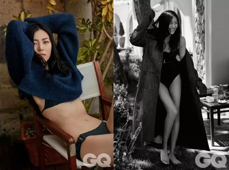 Liu Wen anomira akapfeka juzi uye bikini anotarisa kupfura