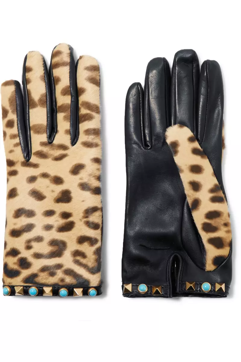 Valentino Embellished Leopard Print Calf Hair Leather Gloves $575