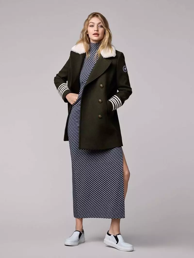 Gigi Hadid x Tommy Hilfiger Collection: Military Peacoat, Striped Dress and White Sneakers