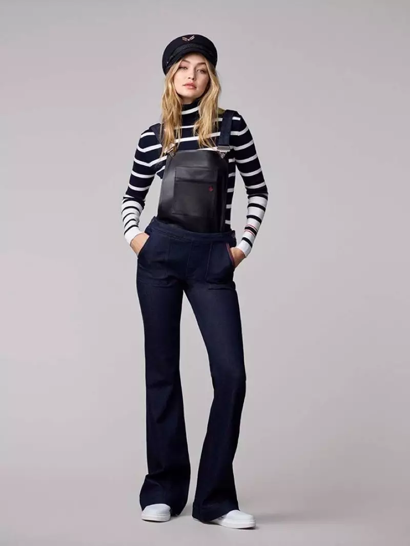 Gigi Hadid x Tommy Hilfiger Collection- Sailor Hat၊ Dungarees၊ Striped Turtleneck နှင့် White Slip-on Sneakers