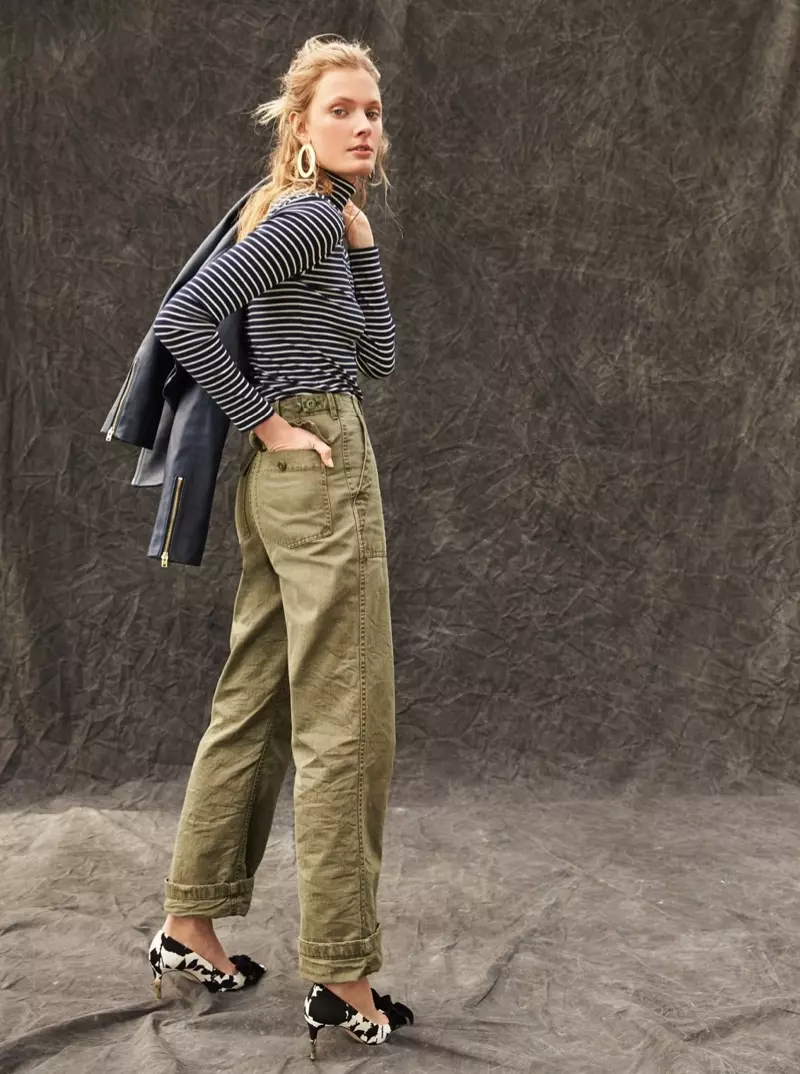 J. Crew Perfect-Fit Turtleneck in Stripe, The 2011 Foundry Pant, Lucie Bow Mapombi mune Floral Shadow uye Oval Gold Mhete