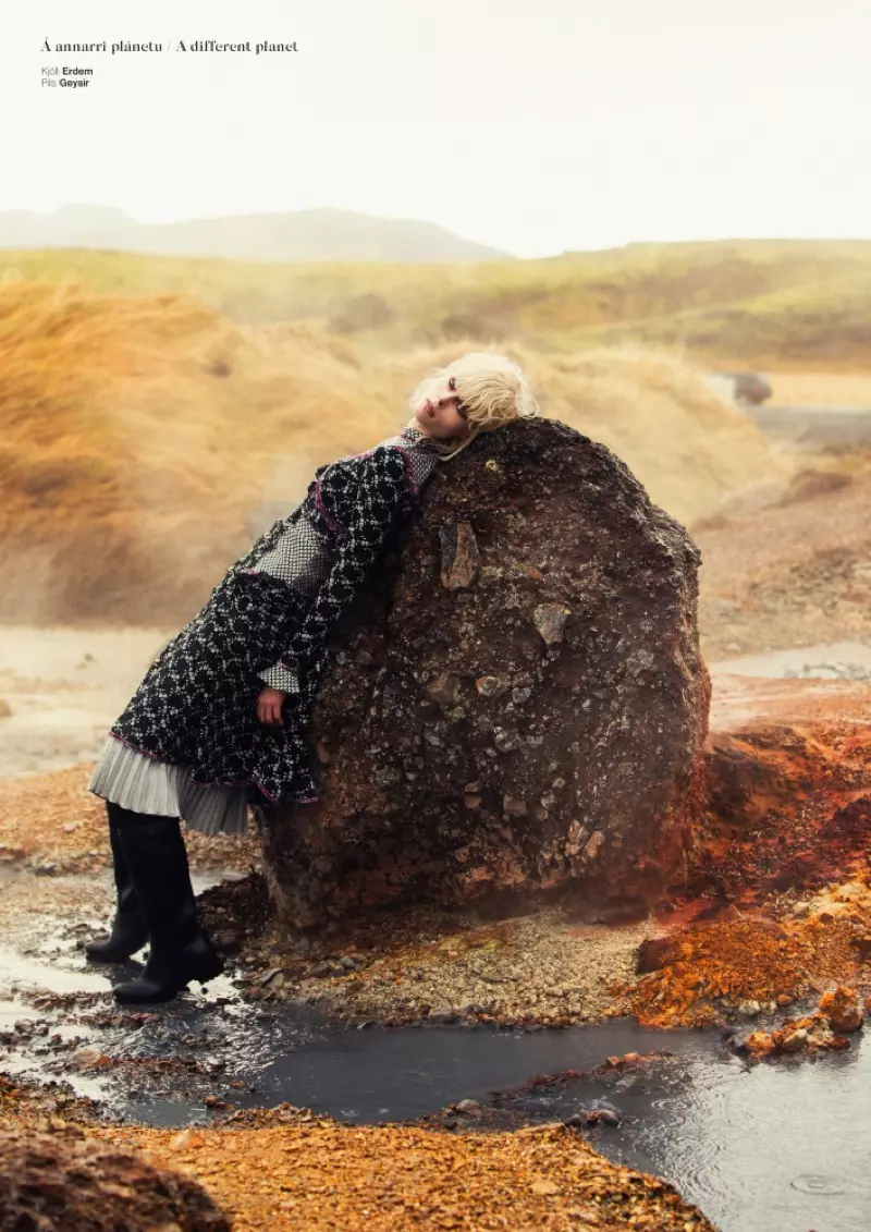 Lauke pozuoja Coco Rocha modeliai Erdem suknelė ir Geysir sijonas