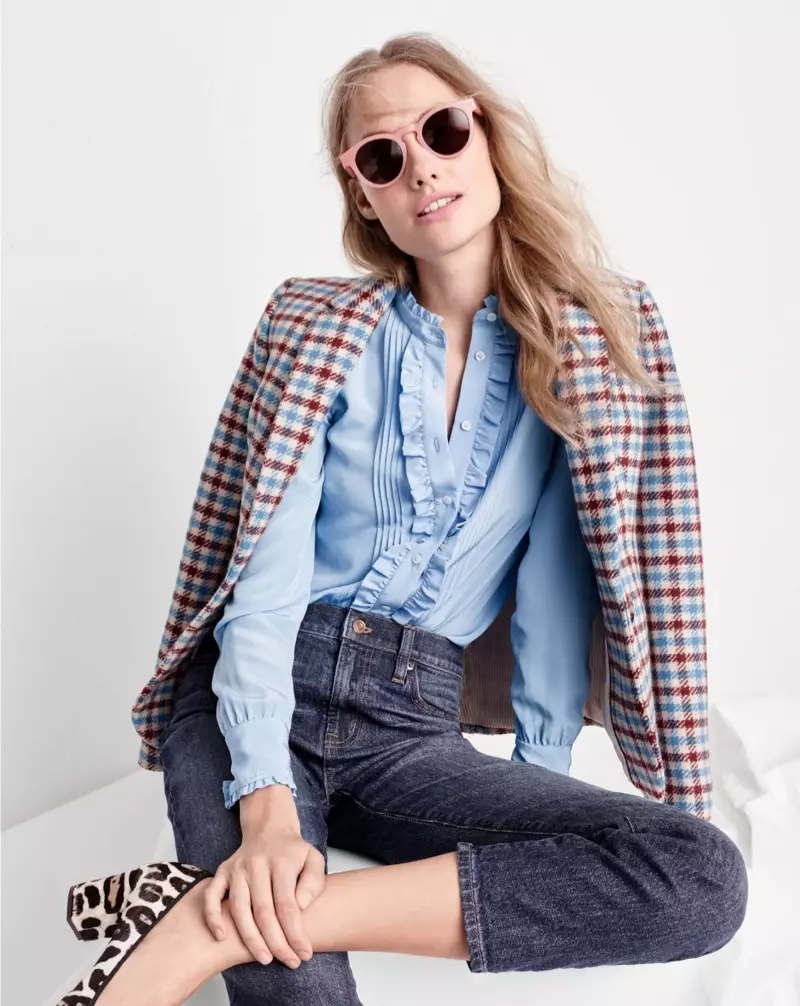 J. Crew Campbell Blazer in Crimson Petal Plaid, Ruffled Silk Button-Up Top in Frosty Sky, Vintage Crop Jean e Leopold Wash, Jane Sunglasses le Sophia Pumps