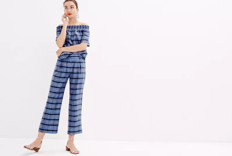 J. Crew Collection Off-the-Shoulder Top in Yarn-Dyed Silk, Cropped Pant, J. Crew Tortoise Hoop Earrings and Metallic Block-Heel Sandals