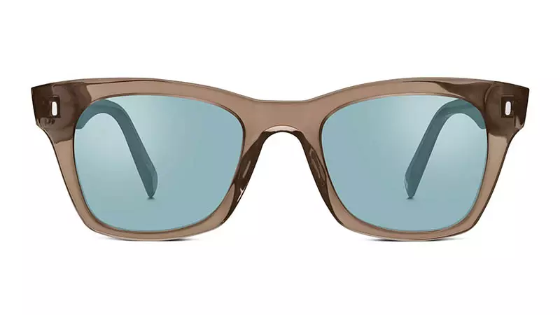 Kacamata Warby Parker Harris ing Crystal Smoke karo Flash Mirrored Electric Blue Lens $95