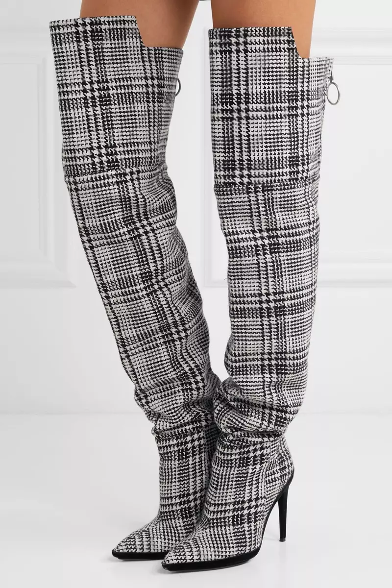 Gebroken witte tartan gebreide over-de-knie laarzen $ 1.929