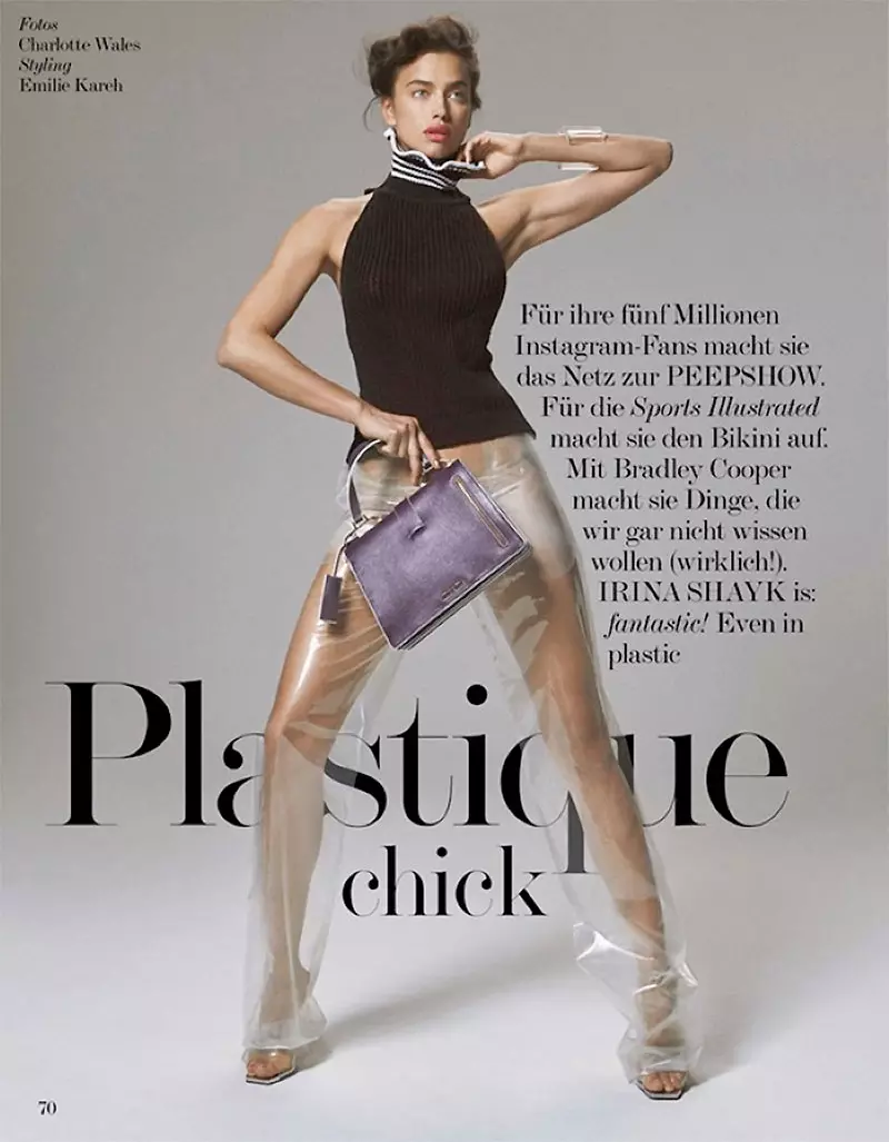 Si Irina Shayk ay nagmomodelo ng plastic chic style para sa fashion editorial