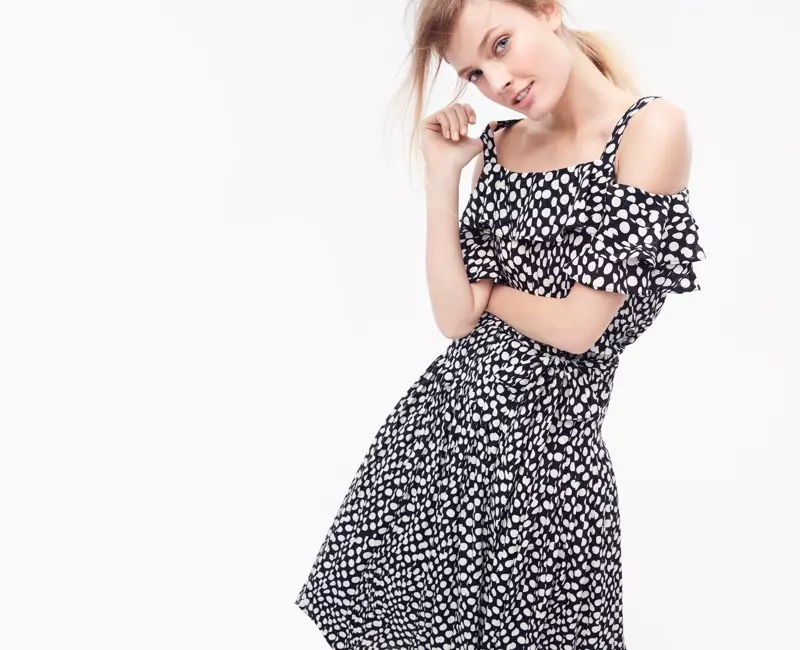 J. Crew Collection Silk Cold-Shoulder Topp i Ratti Polka Dot och Silk Kjol i Ratti Polka Dot