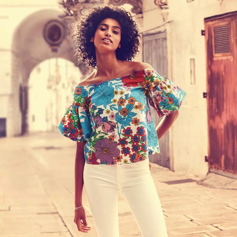 Blouse ea H&M e Off-the-Shoulder le Borikhoe ba Slim-Fit