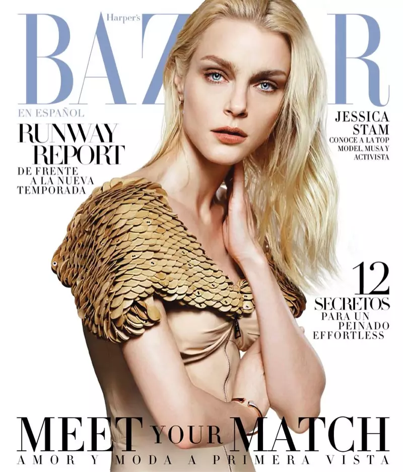 Jessica Stam fuq il-qoxra ta' Harper's Bazaar Messiku ta' Frar 2016