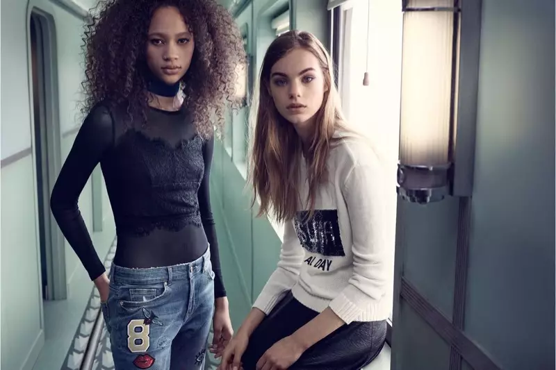 (Esquerda) H&M Lace Bustier and Boyfriend Regular Jeans (Direita) H&M Sweater de Natal Lantejoulas e Saia de Couro Imitado
