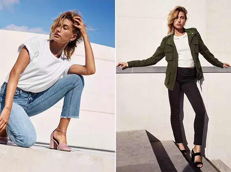 (Links) H&M katoenen T-shirt, vintage hoge cropped jeans en open-zijpumps (rechts) H&M utility jack, getextureerde gebreide trui, skinny regular enkel jeans en sandalen