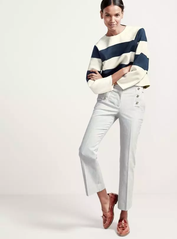 J.Crew Women’s Collection Structured Stripe Sweter, spodnie Teddie Sailor w wąskie paski i skórzane mokasyny Biella Crackled