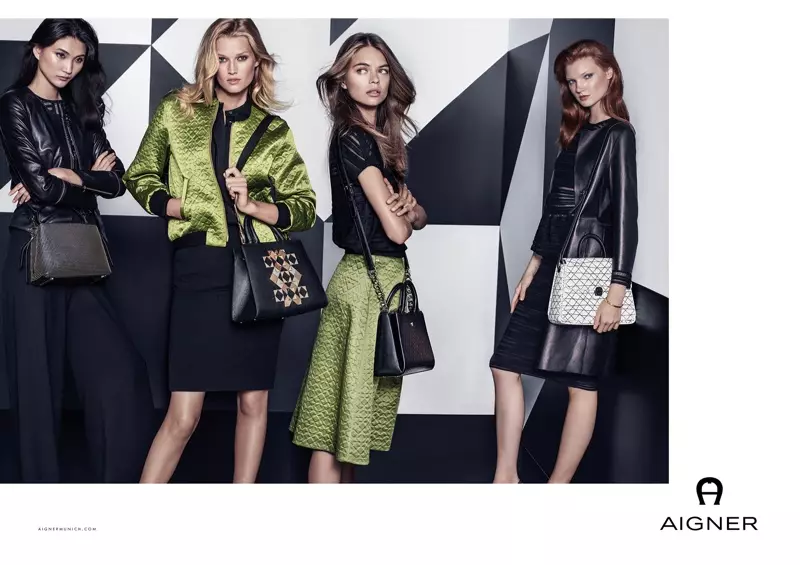 Emma Xie, Toni Garrn, Estelle Yves an Anastasia Ivanova virun der Aigner Fréijoer 2017 Werbekampagne