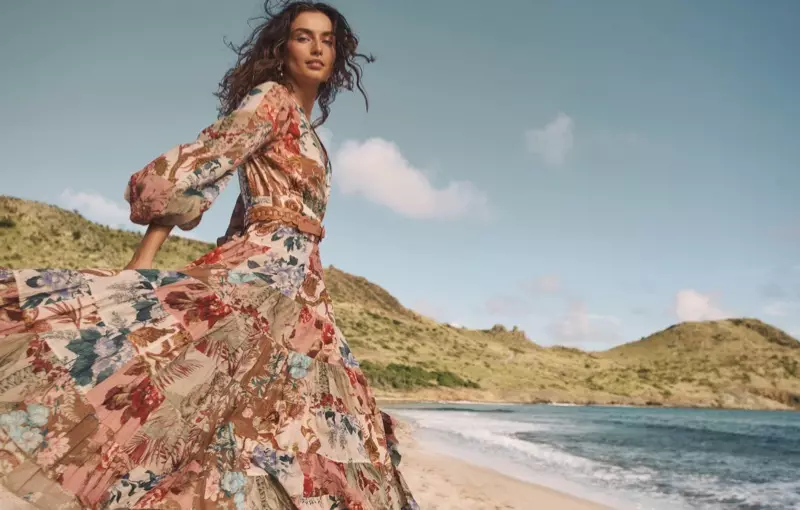 Andreea Diaconu Cassia patch wrap midi dress sa Zimmermann Swim summer 2021 campaign.