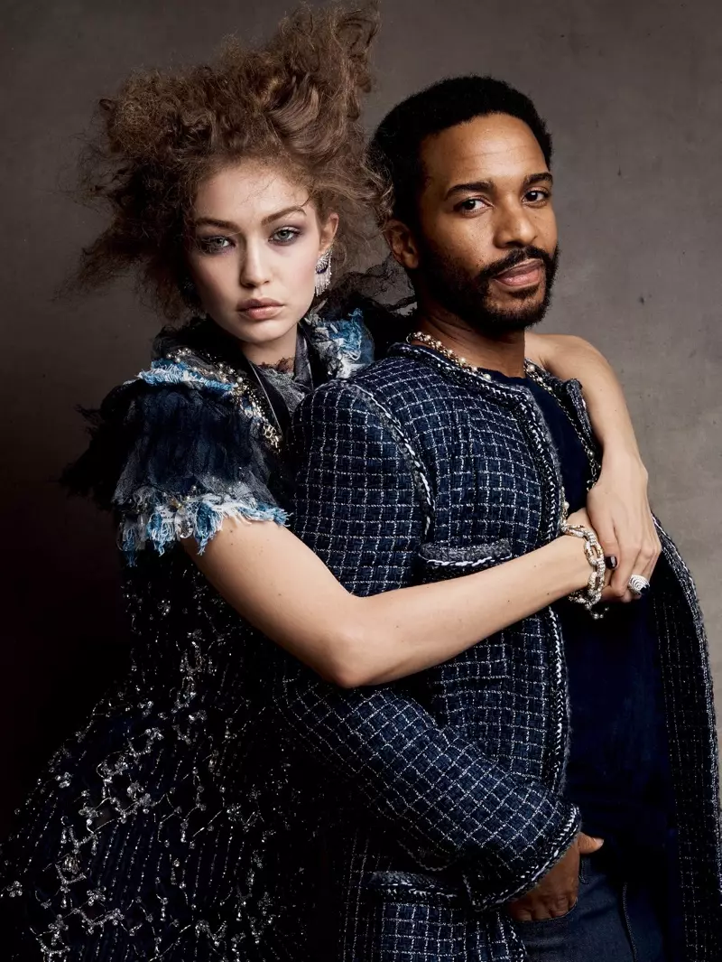 Ochr yn ochr ag Andre Holland, mae Gigi Hadid yn modelu ffrog wedi'i frodio perl Chanel