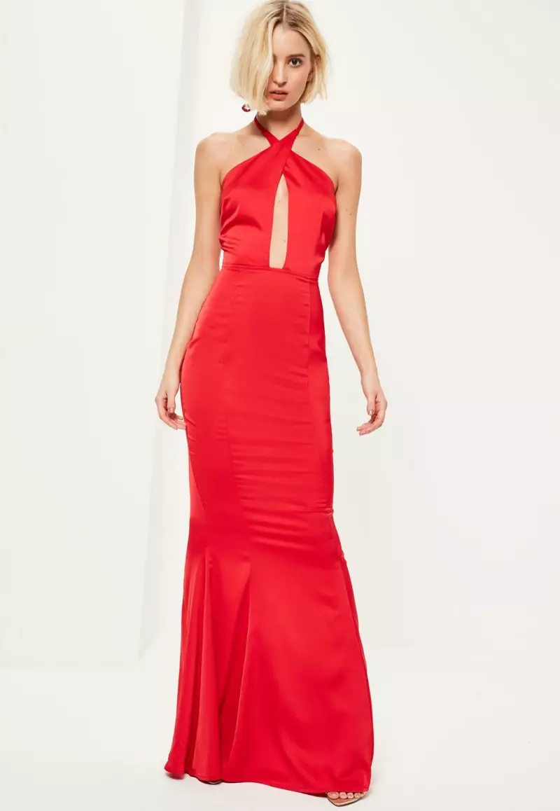 Missguided Red Plunge Halterneck Fishtail Maxi Dress $88