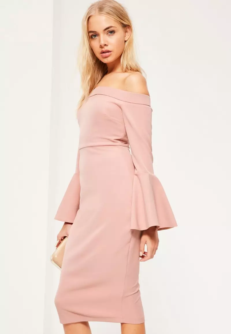 Missguided Рожева сукня міді з оборкою з оборкою з рукавами Bardot 77 доларів США
