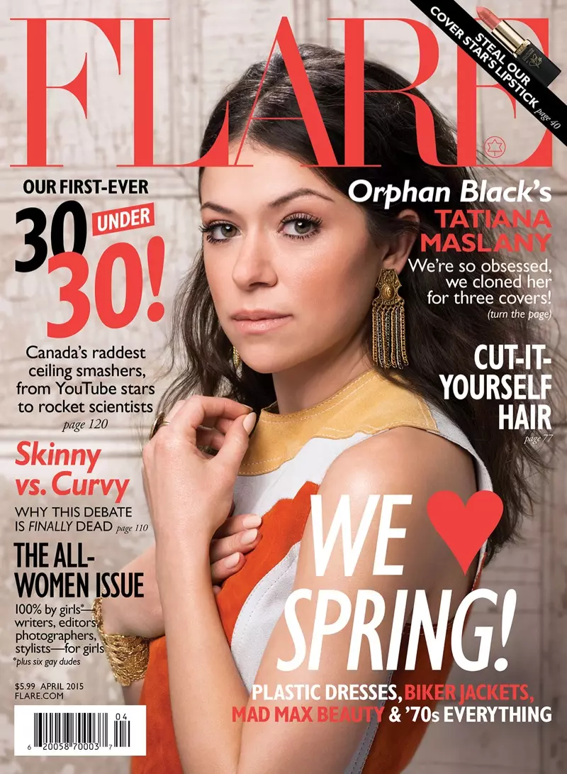 Umukinnyi wa filime Tatiana Maslany nubwiza bwa boho kurupapuro rwo muri Mata 2015 kuva Ikinyamakuru FLARE.