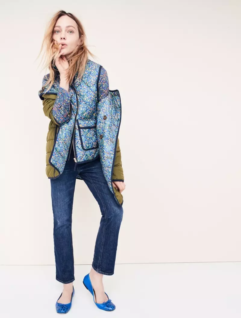 J. Crew Perfect Shirt Liberty Catesby Floral, Excursion Vest in Liberty Catesby, Reversible Puffer Jacket in Liberty Catesby Floral, Billie Demi-Boot Crop Jean in Loma Visra Wash thiab Lily Cap-Toe Ballet Flats