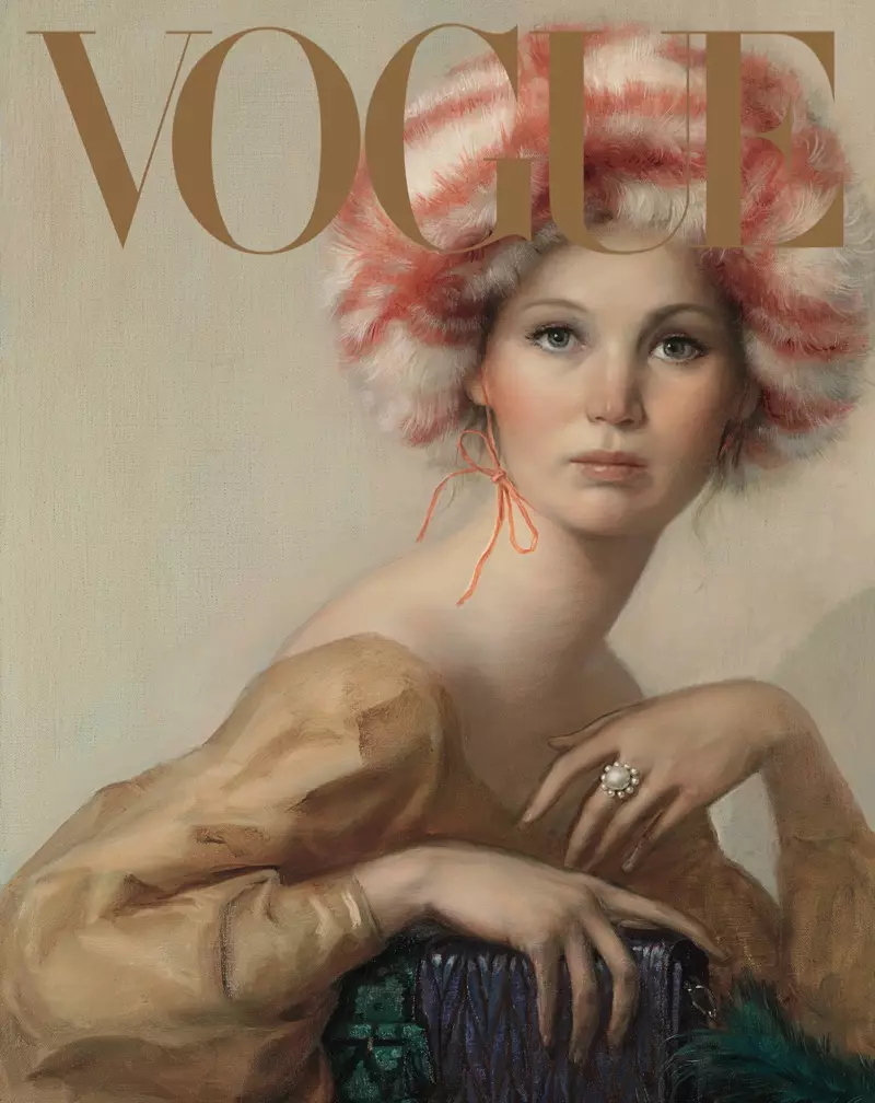 Jennifer Lawrence trong trang phục váy, mũ và túi hiệu Miu Miu. Ảnh: John Currin / Vogue