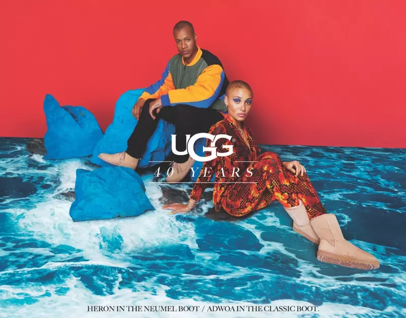 Heron Preston lan Adwoa Aboah pose kanggo kampanye ulang tahun UGG 40th