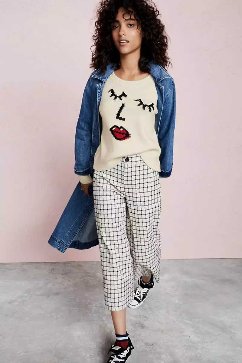 Madewell Denim Duster Coat, Ho Etsa Faces Pullover Sweater, Langford Wide-Leg Crop Pants in Windowpane and Converse Chuck Taylor All Star High-Top Sneakers in Velvet