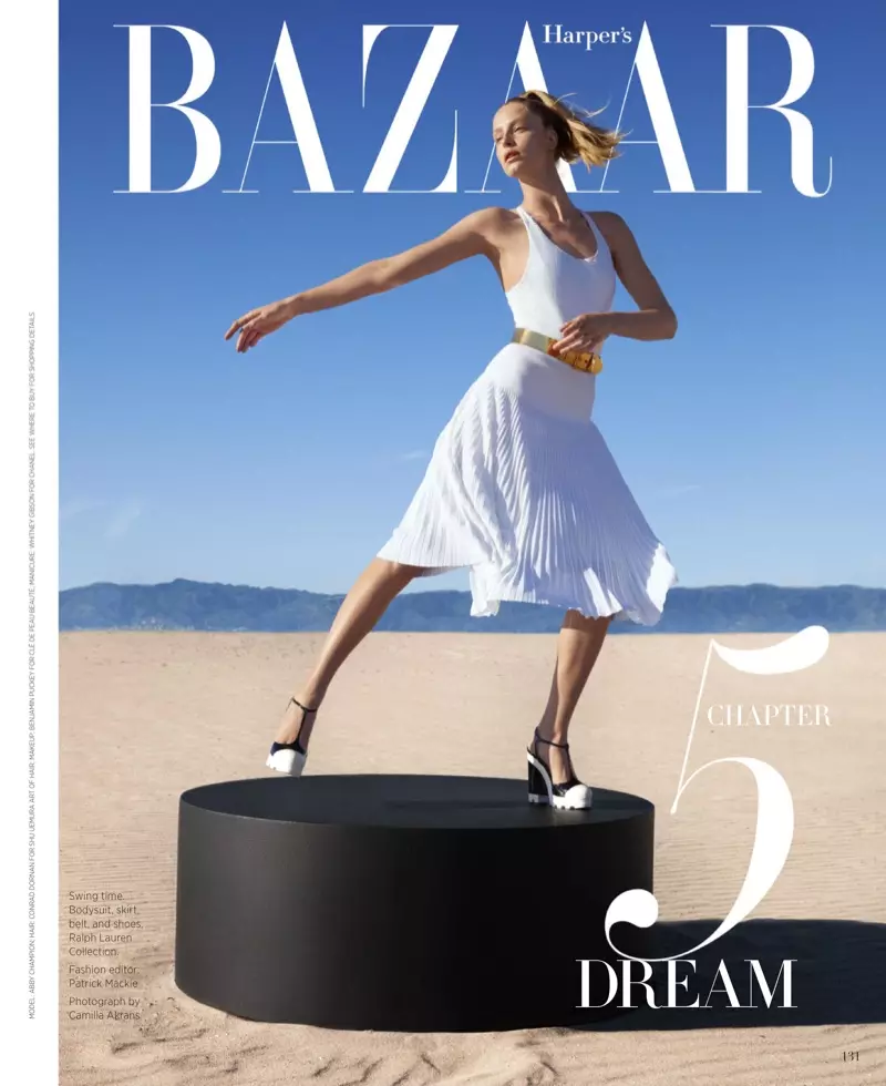 Abby Champion sanble bèl nan plis pou Harper's Bazaar