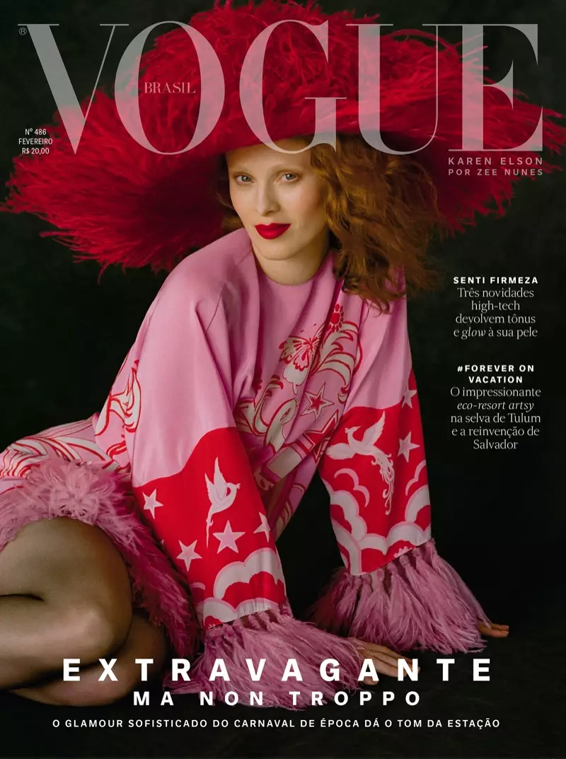 Karen Elson Sorĉas en Plumoj por Vogue Brazilo