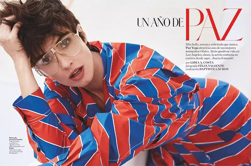 L'actrice Paz Vega porte une chemise Philosophy de Lorenzo Serafini et des lunettes Celine