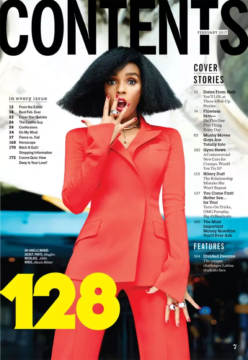 Janelle Monae suits hauv Mugler lub tsho thiab ris nrog Alibi caj dab thiab Alexis Bittar rings