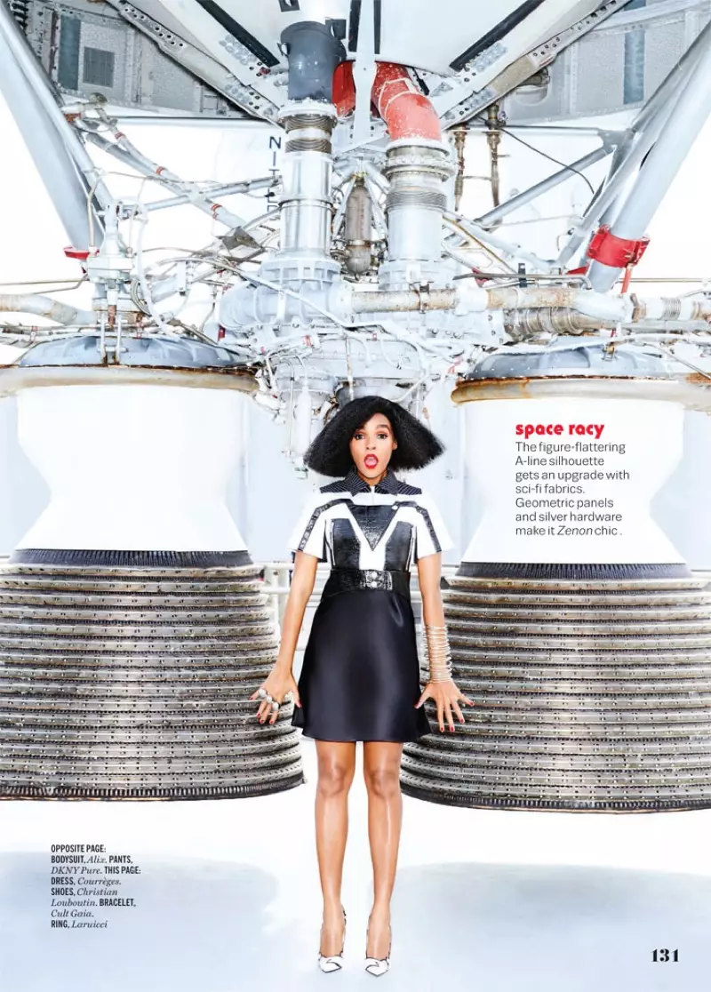 In posa al Kennedy Space Center della NASA, Janelle Monae indossa un abito Courreges e scarpe con tacco Christian Louboutin